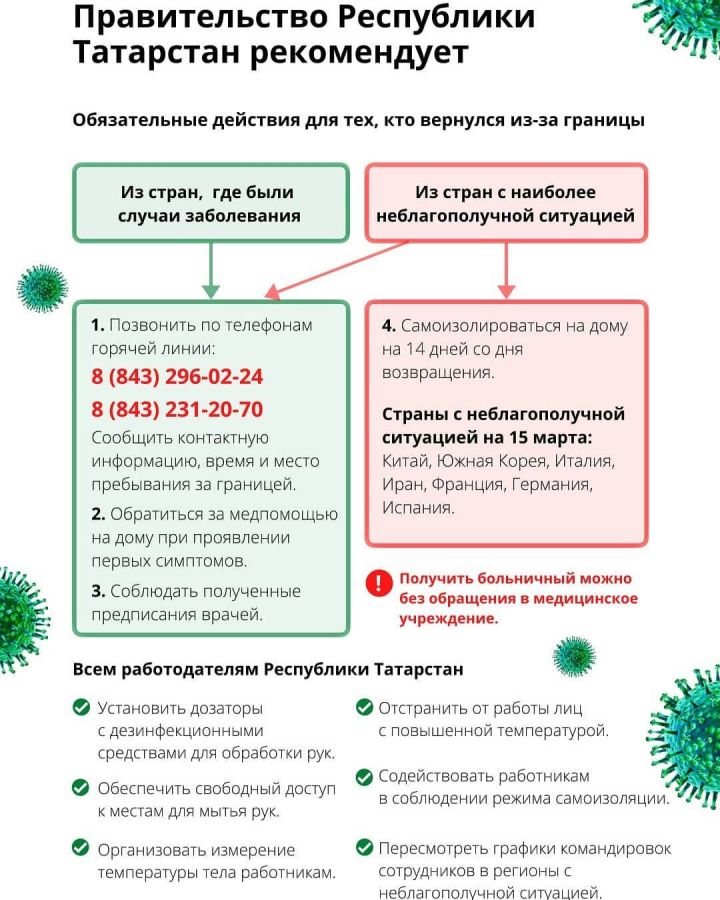 Татарстан Хөкүмәте эш бирүчеләргә коронавирусны кисәтү буенча киңәшләр таратты