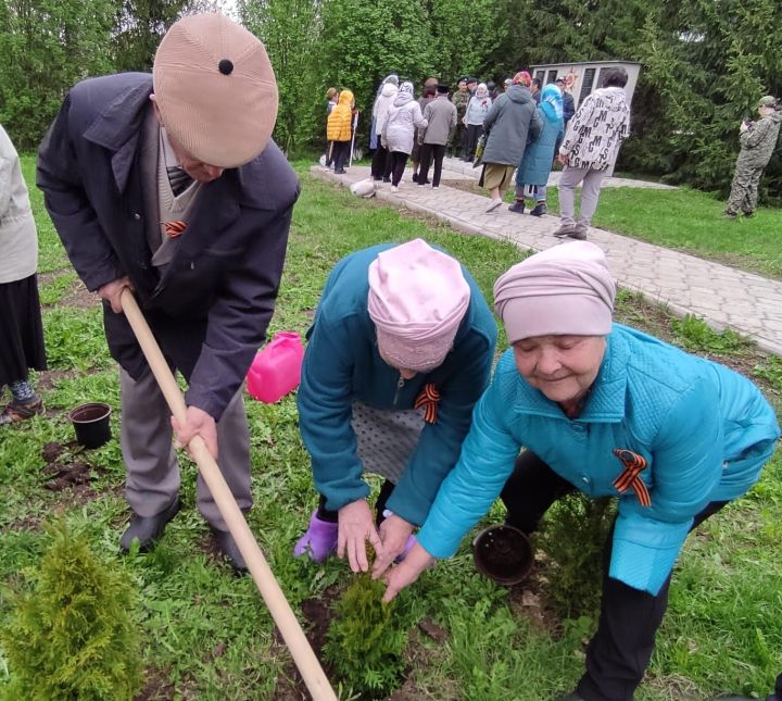 Юлбат авылында Җиңү бәйрәмендә батыр сугышчыларыбыз истәлегенә «Хәтер бакчасы»нда агачлар утырттылар
