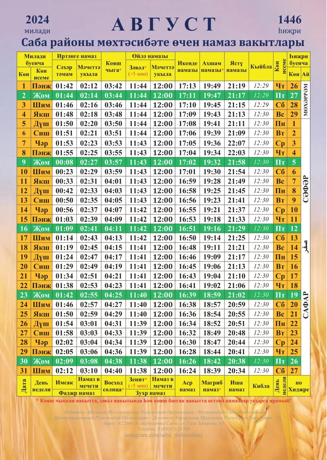 Саба районы мөхтәсибәте өчен август намаз вакытлары