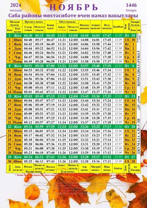 Саба районы мөхтәсибәтенең ноябрь аена намаз вакытлары